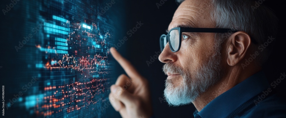 Poster a man with glasses is pointing at a computer screen with a blue background