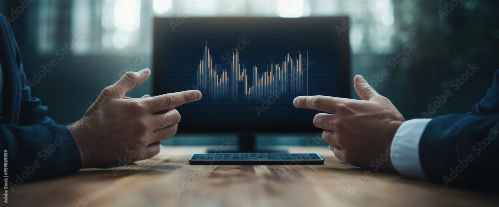 Poster two men are pointing at a computer screen with a graph on it