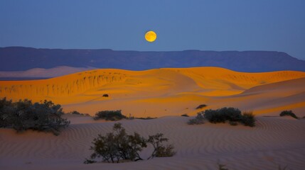 Datespecific Full Moon over a desert with its rare light casting dramatic shadows on the sand dunes
