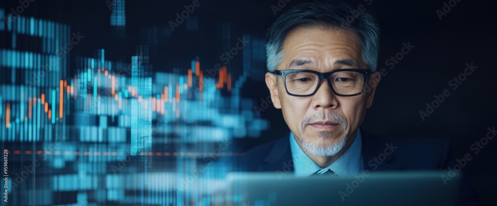 Poster a man is looking at a computer screen with a lot of numbers and graphs