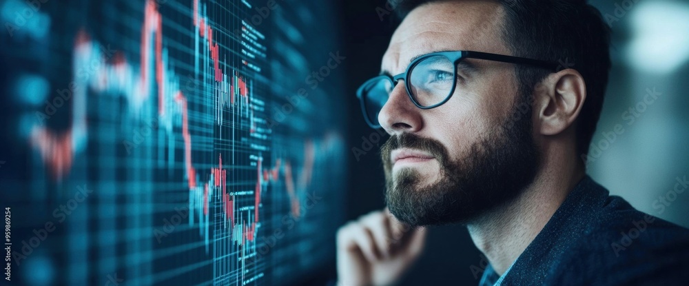 Poster a man is looking at a computer screen with a lot of numbers and graphs