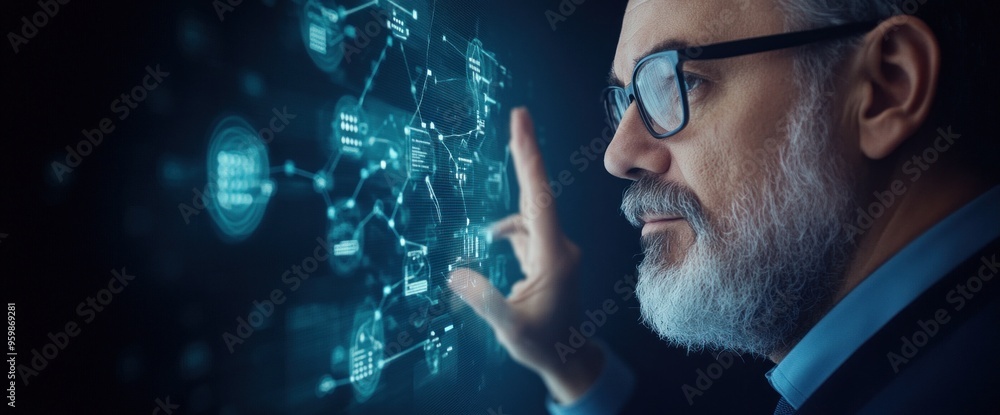 Poster a man is looking at a computer screen with a blue background and a lot of lines