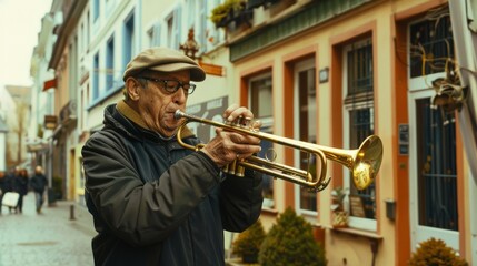 Obraz premium A man passionately plays a trumpet in a charming street, creating an atmosphere of culture and musical expression.