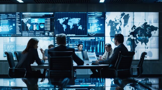 Professionals in a modern boardroom engage in a strategic meeting, with world maps and data displayed on large screens. - Powered by Adobe