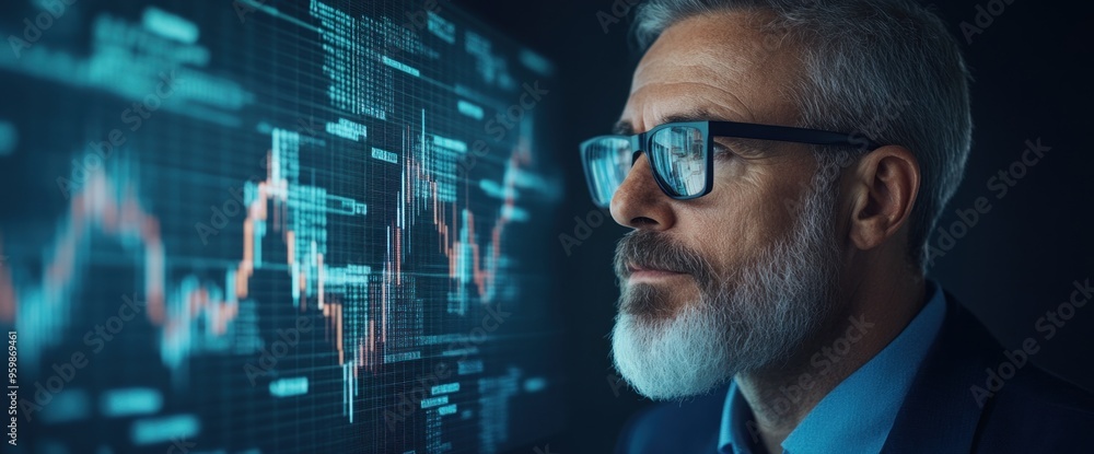 Poster a man in a suit is looking at a computer screen with a lot of numbers and graphs