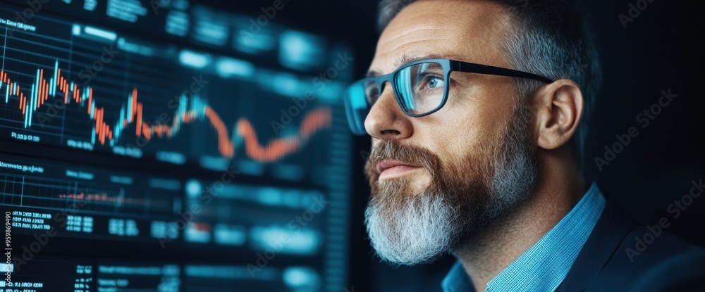 Poster a man with glasses is looking at a computer screen with a lot of numbers