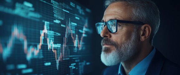 A man in a suit is looking at a computer screen with a lot of numbers and graphs
