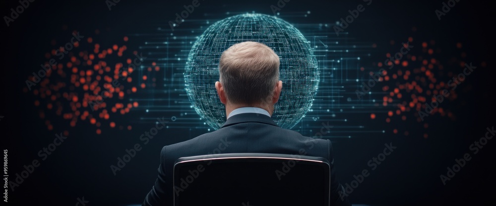 Poster a man is sitting in a chair in front of a computer screen with a large blue circ