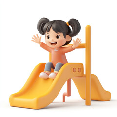 3D cartoon, a girl playing in the playground with a happy gesture. on a solid white background