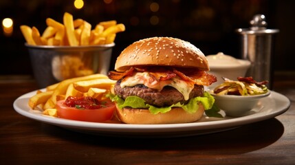 Delightful burger with crispy bacon and fries served in a rustic restaurant at dinner time