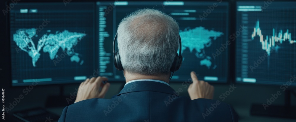 Poster a man in a suit is pointing at a computer screen with three monitors