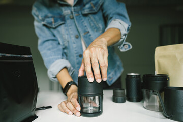 preparation Coffee , people using Portable mini espresso machine maker coffee small