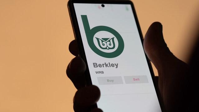 April 09th 2024 , Greenwich, Connecticut. Close up on logo of Berkley on the screen of an exchange. Berkley price stocks, $WRB on a device.