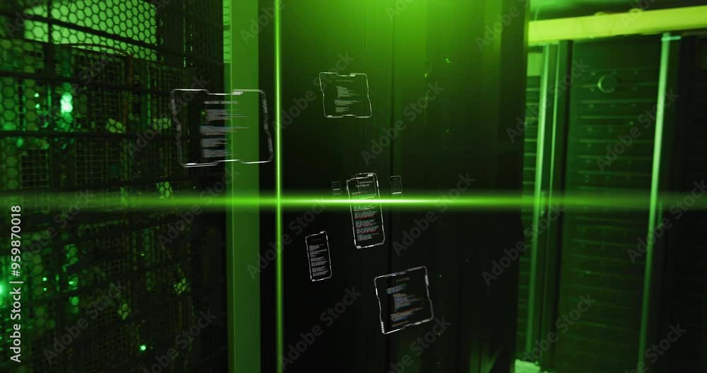 Poster data processing animation over green-lit server room with floating code screens