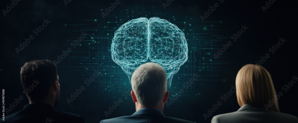 Poster three people are looking at a computer screen with a brain on it