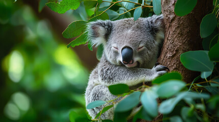 Obraz premium A sleepy koala clinging to a eucalyptus tree, with a peaceful expression and surrounded by lush green leaves