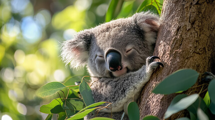 Obraz premium A sleepy koala clinging to a eucalyptus tree, with a peaceful expression and surrounded by lush green leaves