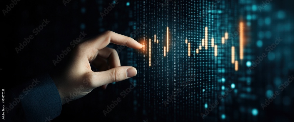 Poster a hand is pointing at a graph with orange lines