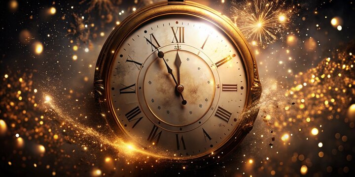 a beautiful vintage clock displaying the time at nearly midnight surrounded by festive decorations and golden sparkles signifying the arrival of a new year