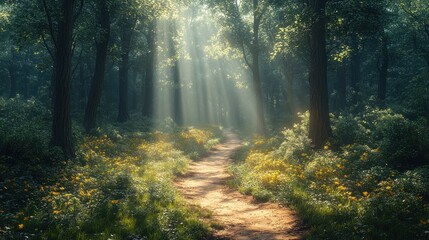 Obraz premium Sunbeams through a Forest Path