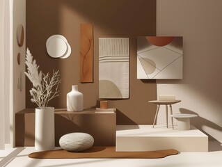 Brown color palette minimalist illustration of simple arrangement of materials in harmonious space. Digital design featuring collage of textures, elements. AI-generated art with bright, earthy tone.