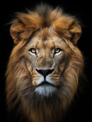 African lion face on black background. Close-up of majestic lion head with distinctive mane and fur. Powerful predator features, strong whiskers, and sharp teeth.