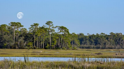 Dramatic Blue Moon rising above a marsh with its unique color enhancing the natural beauty of the wetland environment