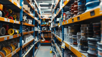 An organized and busy hardware store aisle showcasing shelves stocked with a wide range of tools and supplies.