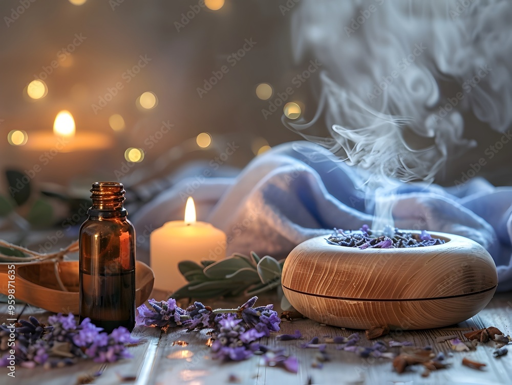 Poster calming aromatherapy session with essential oils diffuser and candles creating a serene atmosphere