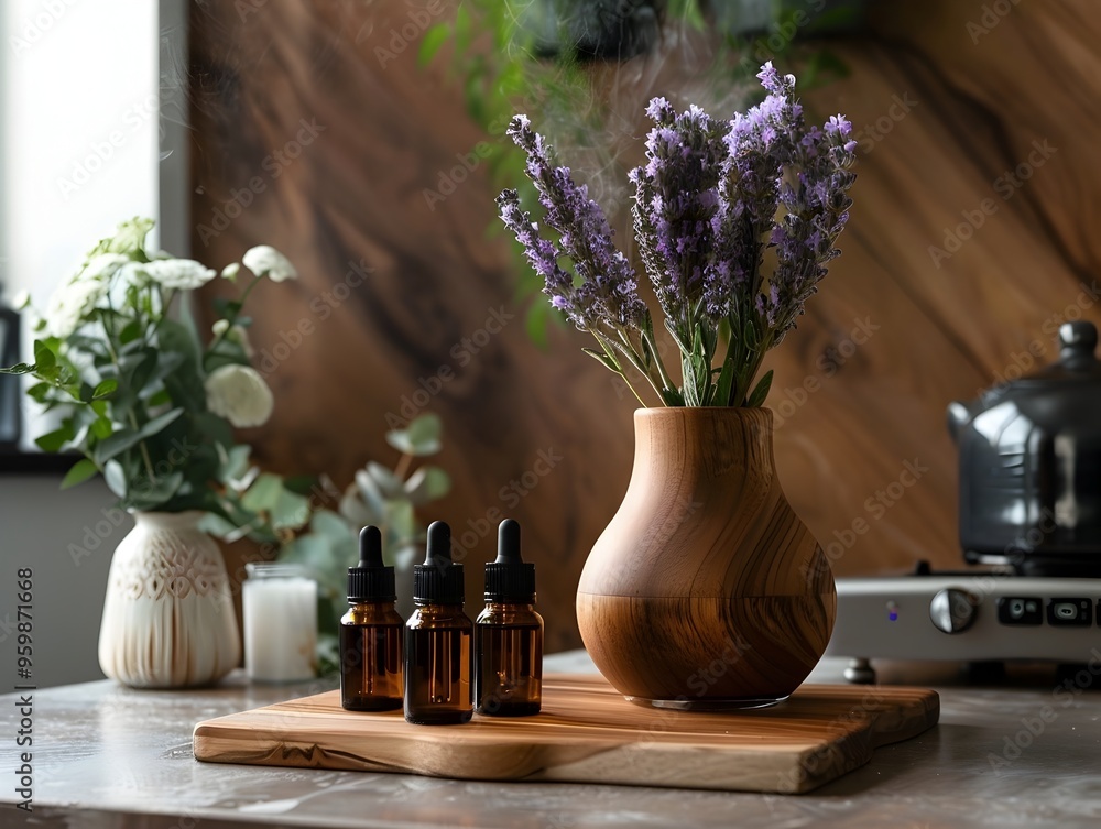 Poster aromatherapy spa session with essential oils and diffuser creating a calming atmosphere