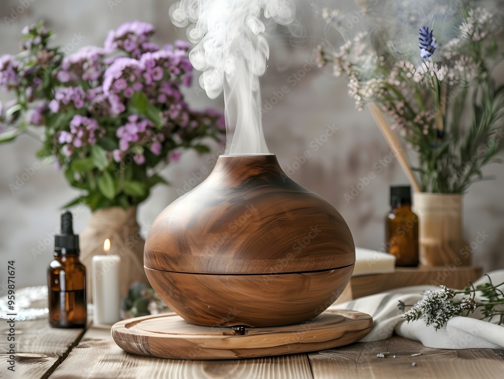 Poster calming aromatherapy session with wooden diffuser essential oils and botanical decor creating a peac