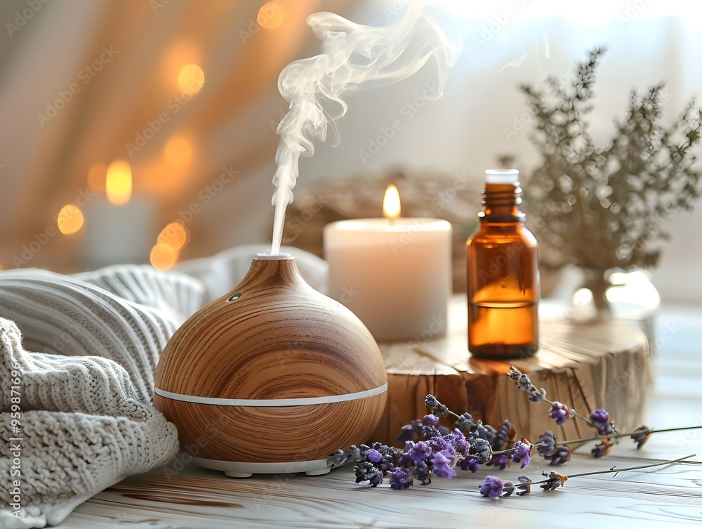 Poster calm aromatherapy session with essential oils diffuser and candle for relaxation and wellness