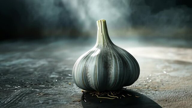 Single garlic bulb on dark textured surface, dramatic lighting. Culinary ingredient and food photography concept