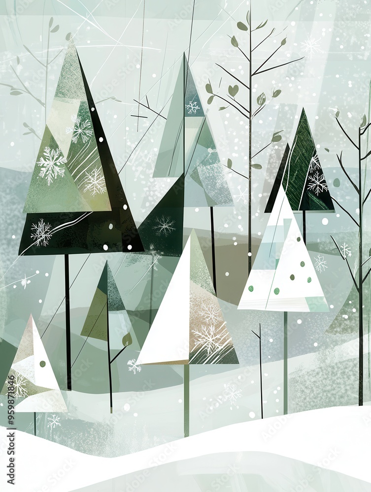 Poster in a wintery landscape, triangular christmas trees emerge in various sizes, set against a backdrop o