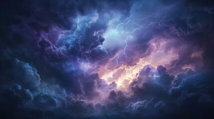 A dynamic scene of stormy weather with a dark sky, swirling clouds and lightning lighting up the horizon, creating a dramatic and intense background.