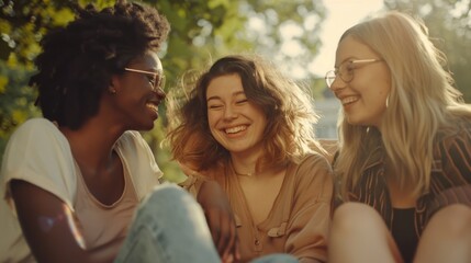 Naklejka premium Three friends sharing a laugh in a sunny outdoor setting, capturing the essence of youth, friendship, and carefree joy.