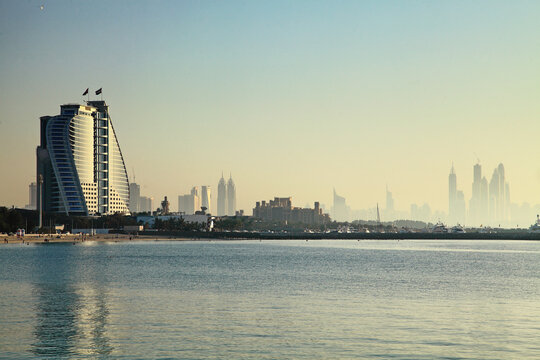 View of beautiful Dubai Marina skyline with modern skyscrapers and blue sea, Dubai, United Arab Emirates.