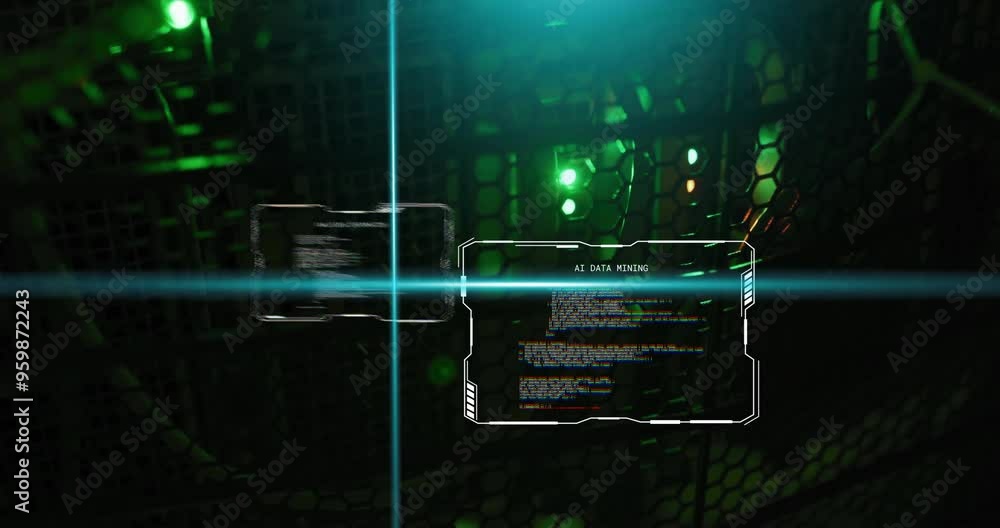 Poster ai data coding animation over futuristic digital interface with green lights