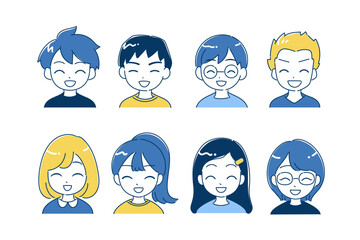 子供のアイコンイラストセット　口を開けて笑う　バストアップ　ブルー、イエロー