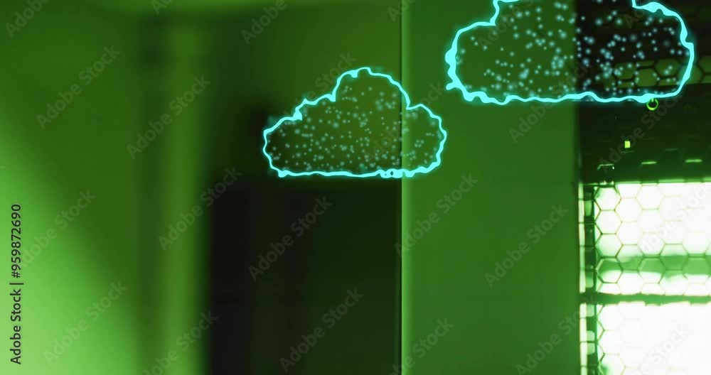 Poster cloud computing and data storage animation over green-lit server room