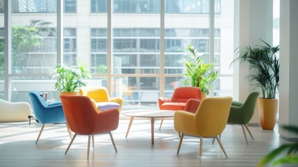 Fototapeta premium A modern lounge area with colorful chairs arranged around a wooden table, bathed in natural light from the large windows, creating a vibrant and inviting space.