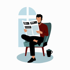 Focused man reading newspaper in cozy armchair by window