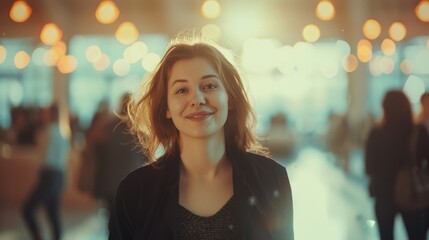 A young woman smiles confidently against the warm glow of indoor lights in a bustling public space, surrounded by blurred figures.