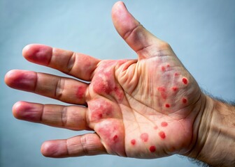 Male hand exhibits a distinctive, crab-like rash on the palm, a characteristic symptom of syphilis's later stages.