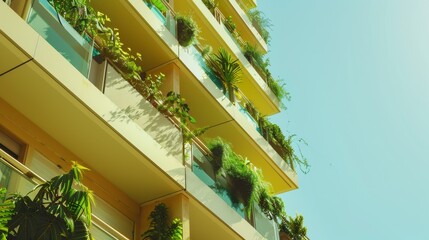 Naklejka premium A vibrant, sunlit apartment building adorned with lush green plants on every balcony, creating an urban jungle against a clear blue sky.