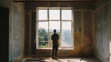 A solitary figure stands contemplating in a partially renovated room, gazing out of a large window towards a serene landscape bathed in sunlight.
