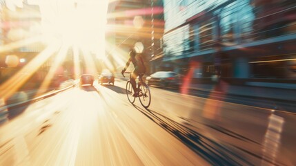 A dynamic cyclist glides through an urban street, bathed in the radiant morning sunlight, creating a sense of speed and daily hustle.