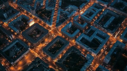 Illuminated cityscape at night, with network lines overlay representing connectivity and communication.