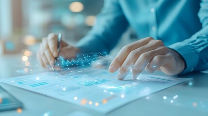 Business Analyst Reviewing Data with Digital Overlay