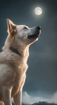A dog howling at the moon.
